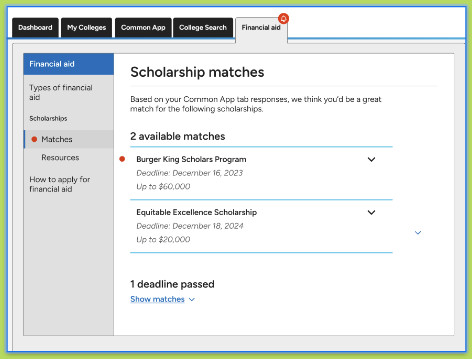 Screenshot of the financial aid tab within the Common App.